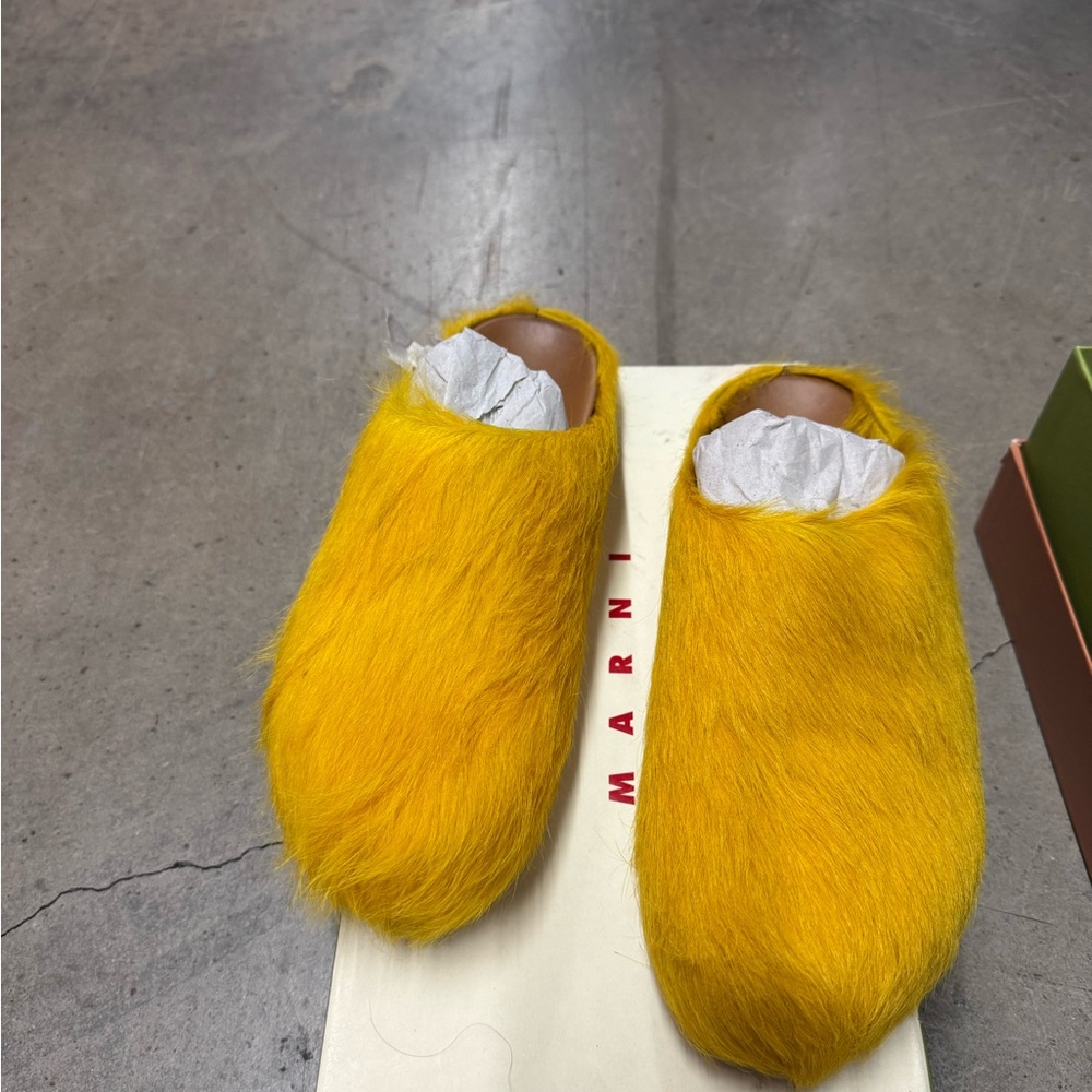 Marni Mustard Fur Slip-On Slides